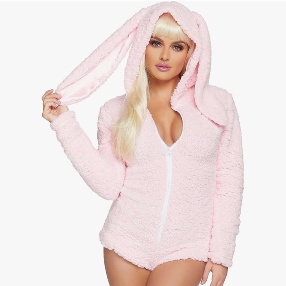 Pink snow bunny bodysuit Barbie soft romper shorts jumpsuit costume sherpa pj’s